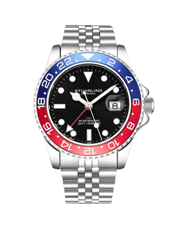 ストゥーリング メンズ 添え物 ウオッチ ティーシャツ Stuhrling Meridian 3968 Men s GMT Diver Watch Quartz Movement 42粍 Stainlessteel Case Black Dial Red/Blue Bezel Silver-tone しろがね色