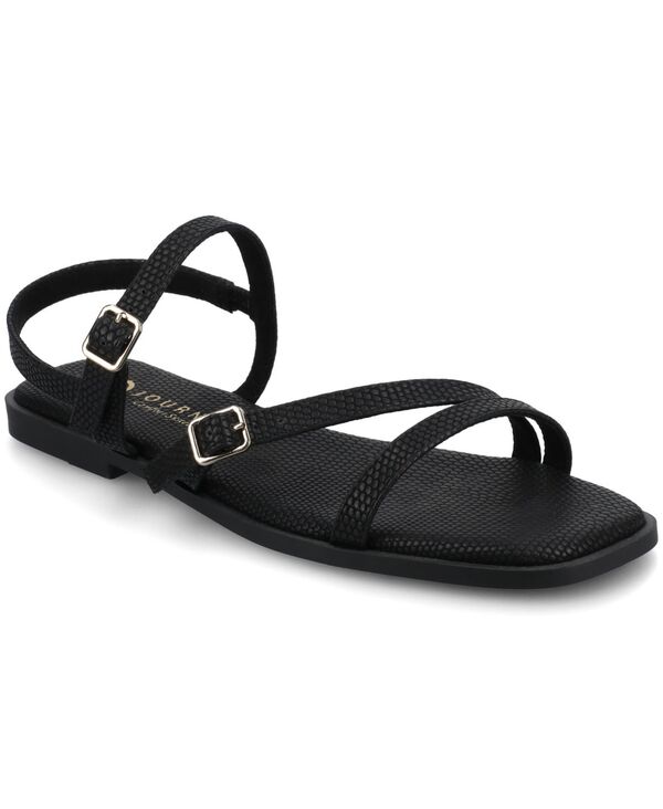 ジュルネ 寄せ合わせ レディース シューズ サンダル 非対称 Journee Collection Women\u0027s Briannasymmetrical Strappy Flat Sandals Black Lizard 黒いこと