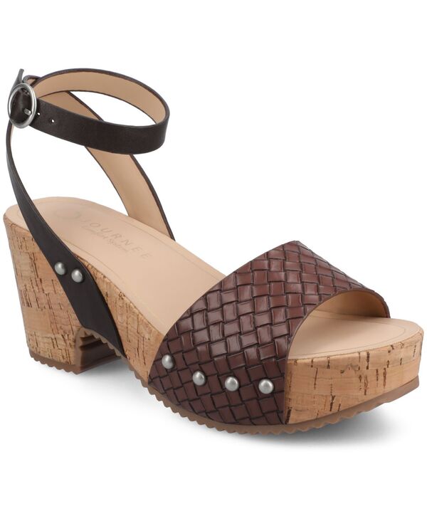 ジュルネ 寄せあわせ レディース シューズ サンダル 踵 Journee Collection Women\u0027s Vanessa Cork Heel Dressandals Chocolate Woven 黒茶