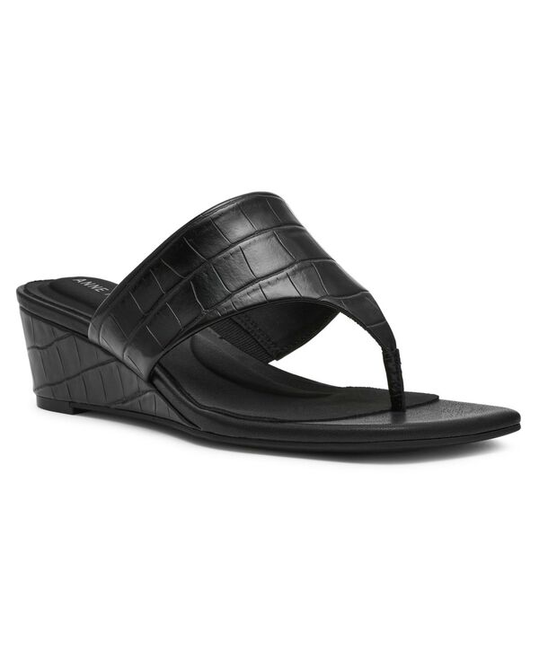 アンクライン レディース シューズ サンダル Anne Klein Anne Kling Women\u0027s Willing Thong Wedge Sandals Black Croco 黒いこと