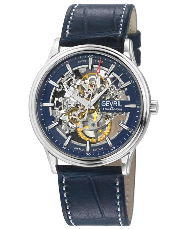 ジェビル メンズ 付属物 ウオッチ なめし革 Gevril Men\u0027s Five Pointswiss Automatic Italian Leather Strap Watch Silver しろがね色