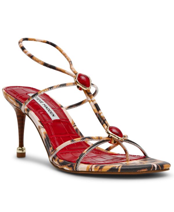 スティーブ マデン レディース シューズ サンダル 踵 Steve Madden Women\u0027s Ramostrappy Embellished Stiletto Heel Dressandals Red Brown Print 赤いこと