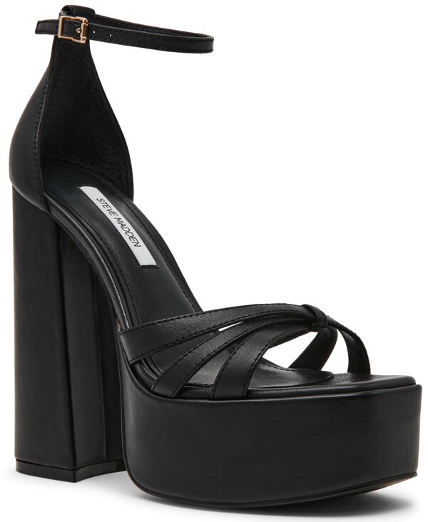 スティーブ マデン レディース シューズ サンダル プラットホーム 踵 Steve Madden Women\u0027s Retro Strappy Block Heel Platform Dressandals Black Leather 黒いこと