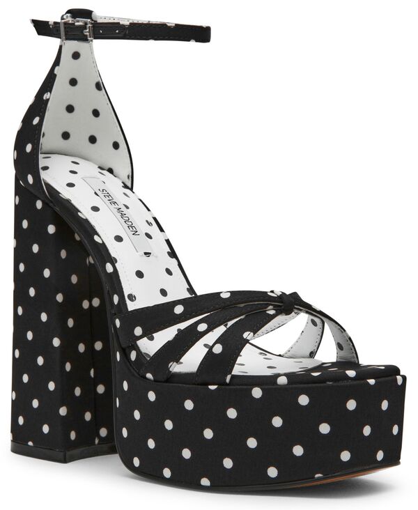 スティーブ マデン レディース シューズ サンダル プラットホーム 踵 Steve Madden Women\u0027s Retro Strappy Block Heel Platform Dressandals White/Black Dot 白いこと