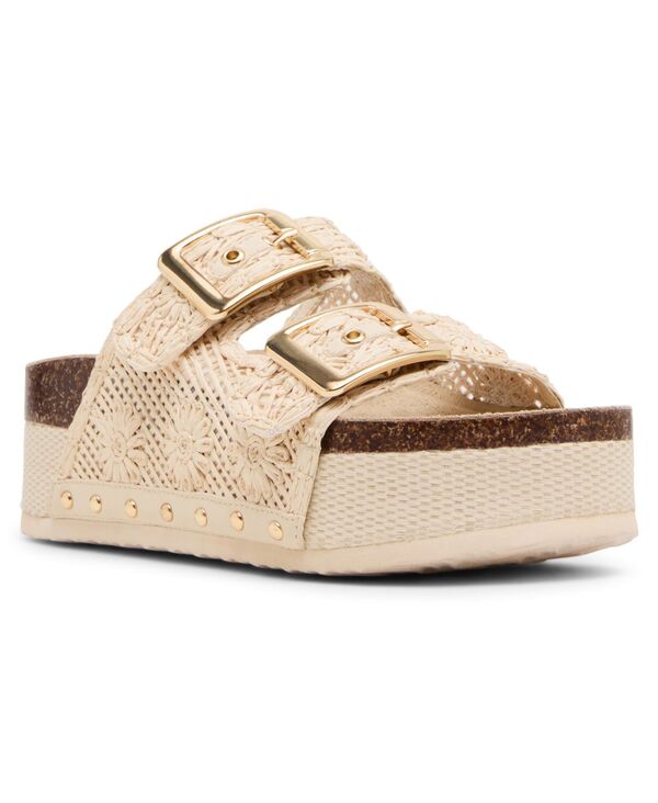 マッデンガール レディース シューズ サンダル Madden Girl Women\u0027s Babes-RF Double-Strap Round Toe Flatform Footbed Sandals Nude Floral Raffia