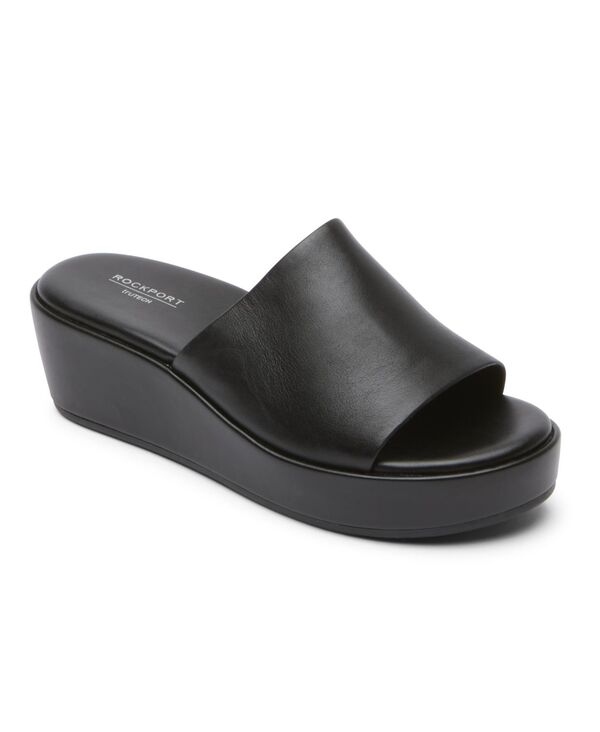 鍵を掛ける界面 レディース シューズ サンダル Rockport Women\u0027s Aubriella Slide Slip-On Wedge Sandals Black Leather 黒いこと