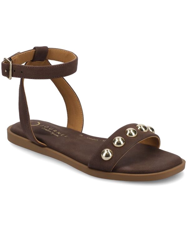 ジュルネ 寄せ合わせ レディース シューズ サンダル アンクル Journee Collection Women\u0027s Primrose Studded Ankle Strap Flat Sandals Chocolate 黒茶