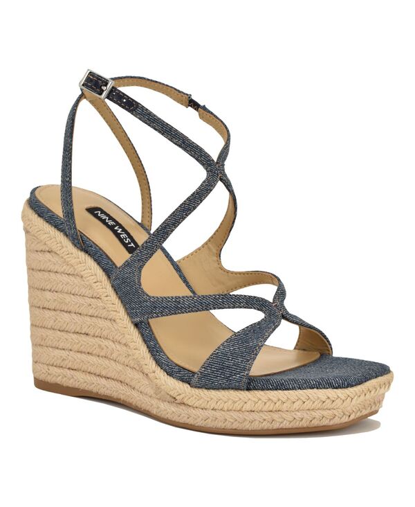 ナインウェスト レディース シューズ サンダル プラットホーム Nine West Women\u0027s Adriane Strappy Espadrille Platform Wedge Sandals Blue Denim ジーンズ