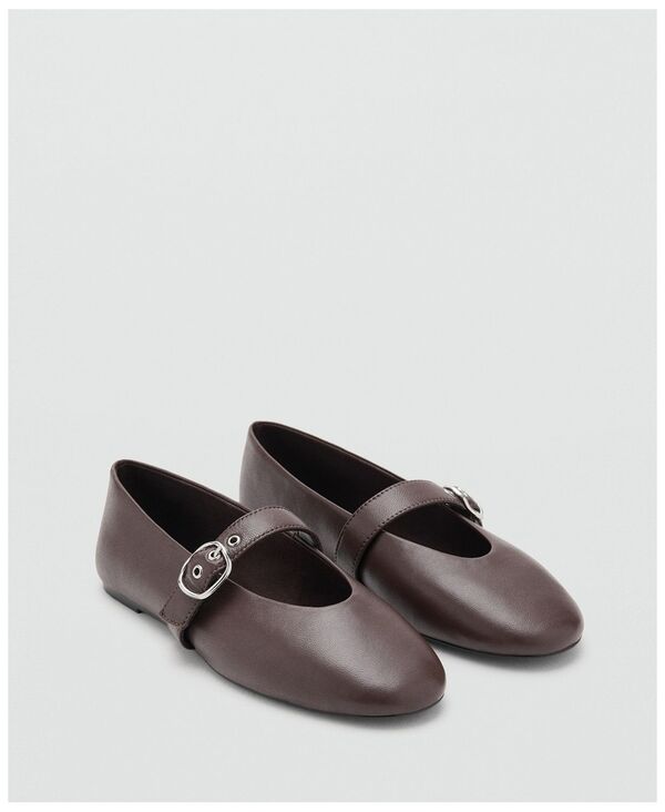 マンゴ レディース シューズ パンプス なめし革 MANGO Women\u0027s Buckle Strap Leather Ballerina Chocolate 黒茶