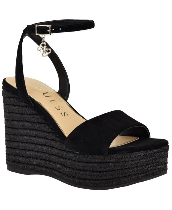 ゲス レディース シューズ サンダル プラットホーム GUESS Women\u0027s Everly Espadrille Platform Wedge Sandals Black Suede 黒いこと
