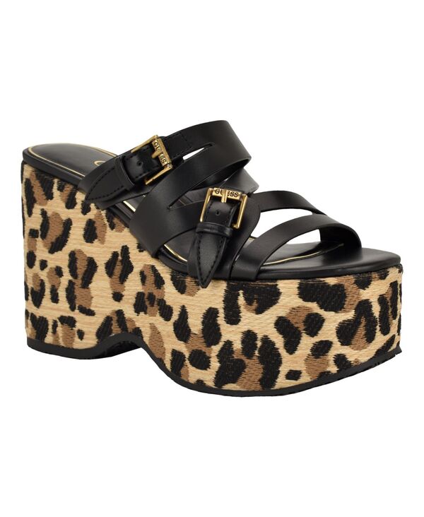 ゲス レディース シューズ サンダル プラットホーム GUESS Women\u0027s Nailah Strappy High Platform Wedge Sandals Black/Cheetah 黒いこと