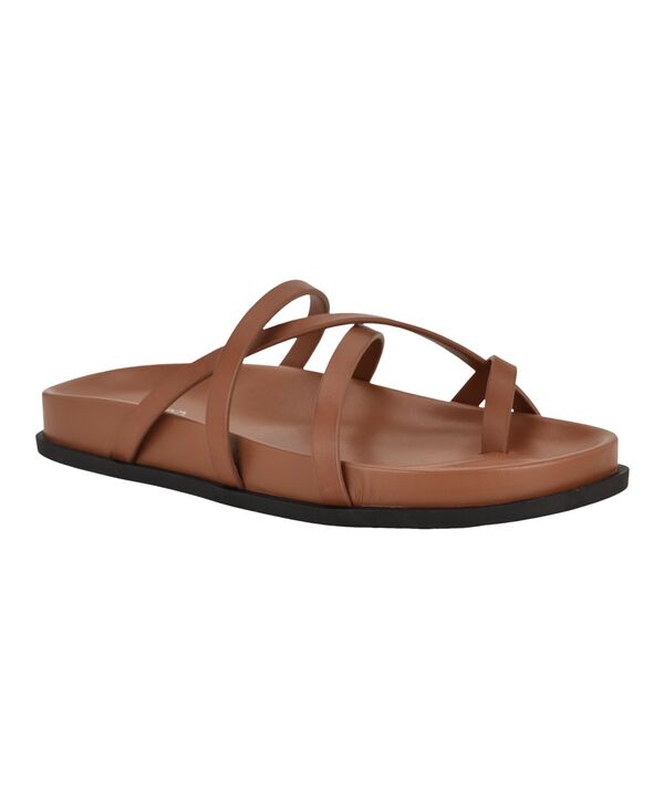 カルバンクライン レディース シューズ サンダル なめし革 Calvin Klein Women\u0027s Helden Leather Strappy Flat Footbed Sandals Cognac Leather