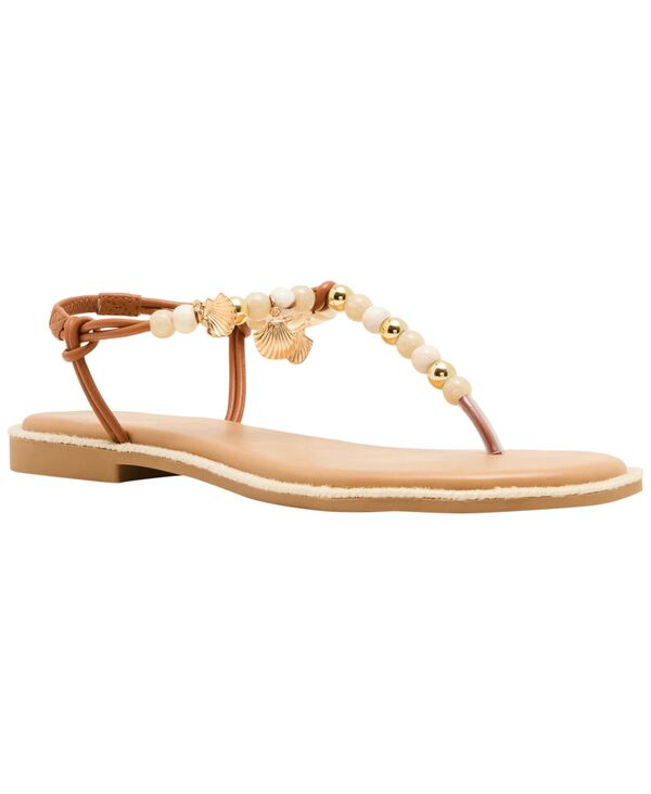 マッデンガール レディース シューズ サンダル Madden Girl Women\u0027shells Beaded T-Strap Flat Sandals Cognac