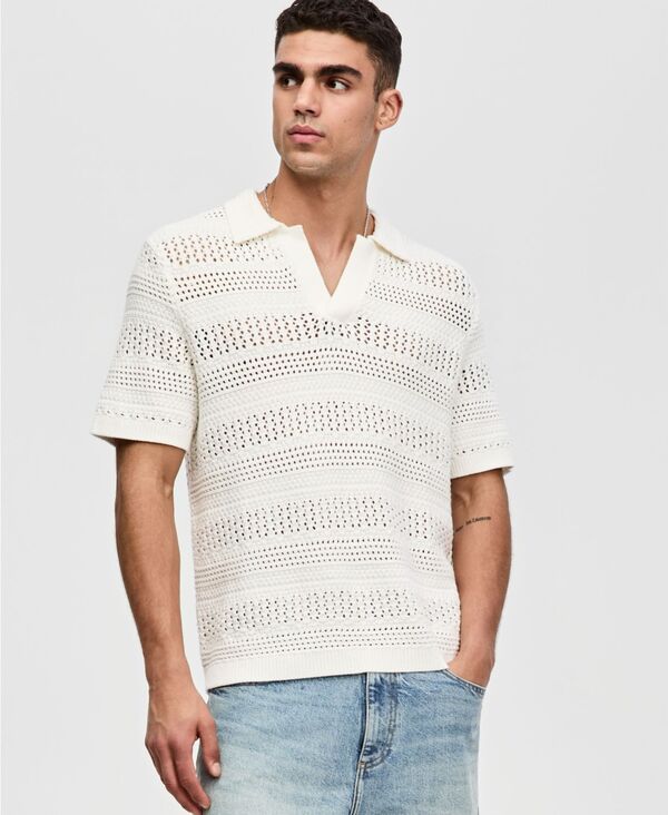 モードオブワン メンズ アウター ニット・セーター ポロシャツ 半袖 Mode of One Men's Relaxed-Fit Novelty Stitch Short-Sleeve Polo Sweater Angel White ホワイト｜ReVida 店