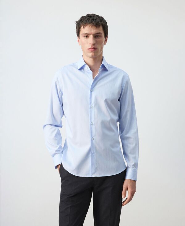マンゴ メンズ トップス プルオーバー か細い嵌まる 綿織物 MANGO Men\u0027slim Fit Striped Cotton Shirt Sky Blue 青色
