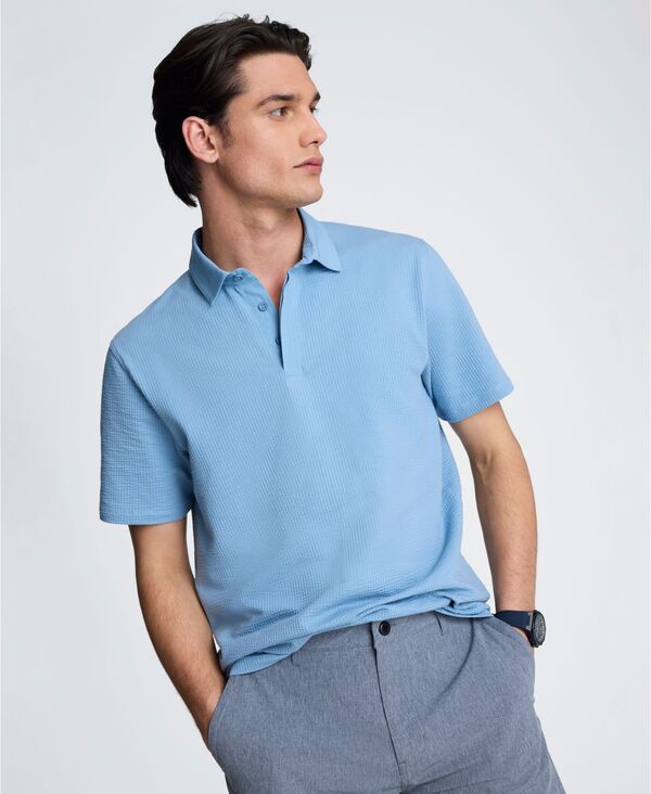 ケネスコール メンズ トップス ポロシャツ コットン ニット Kenneth Cole Men's Cotton-Blend Seersucker Knit Polo Shirt Blue ブルー｜ReVida 店