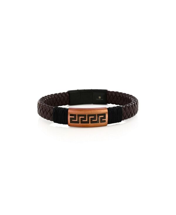 メタロ レディース アクセサリー ブレスレット・バングル・アンクレット Tシャツ レザー Metallo Stainlessteel Braided Leather Greekey Bracelet Brown ブラウン｜ReVida 店