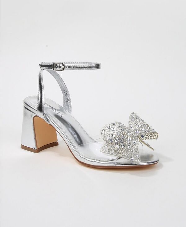バーネス レディース シューズ サンダル ヒール BERNESS Women's Fiora Rhinestonembellished Butterfly Bow Block Heel Dressandal silver シルバー｜ReVida 店