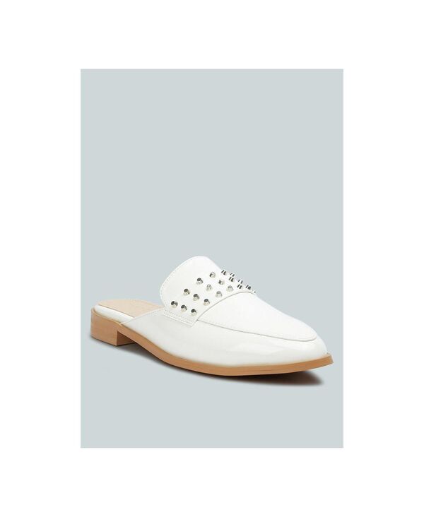 ラグアンドコー レディース シューズ サンダル Rag & Co YASHTA Womens Patent Studded Flat Mules White ホワイト｜ReVida 店
