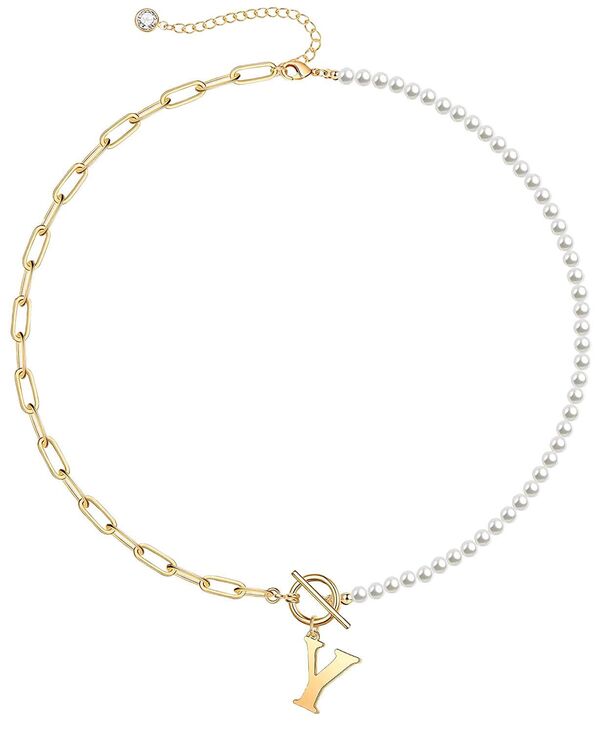レイチェルグラウバー レディース アクセサリー ネックレス・チョーカー・ペンダントトップ レース Rachel Glauber 14K Gold Plated Toggle Clasp Initial Imitation Pearlink Chainecklace Y パール｜ReVida 店