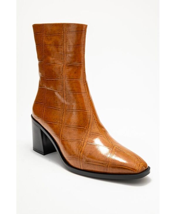 プロローグシューズ レディース ブーツ・レインブーツ アンクル ヒール Prologue Shoes Women's Chara Block Heel Ankle Boot Cognac print faux leather｜ReVida 店