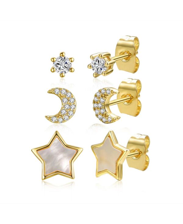 レイチェルグラウバー レディース アクセサリー ピアス・イヤリング Rachel Glauber Stunning 3-Piece Astrological Zodiac Galaxy Stud Earringset in 14k Yellow Gold Plating with Mother of Pearl & Cubic Zirconia White ホワイト|ReVida 店