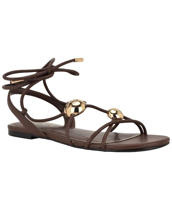 ゲス レディース シューズ サンダル GUESS Women's Tabell Strappy Goldome Tie-Up Flat Sandals Dark Brown ブラウン｜ReVida 店