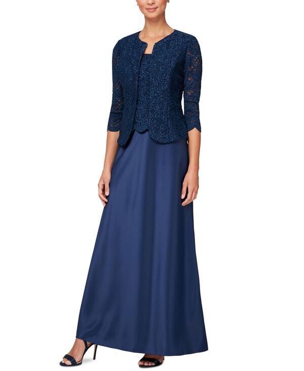 アレックスイブニングス レディース トップス ワンピース プチ レース ジャケット Alex Evenings Petite Lace Dress and Jacket Navy ネイビー|ReVida 店
