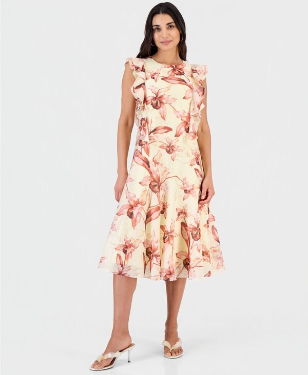 アイ.エヌ.シー インターナショナル コンセプト レディース トップス ワンピース プチ プリント フリル I.N.C. International Concepts Petite Printed Ruffle-Sleeve Dress Darna Garden｜ReVida 店