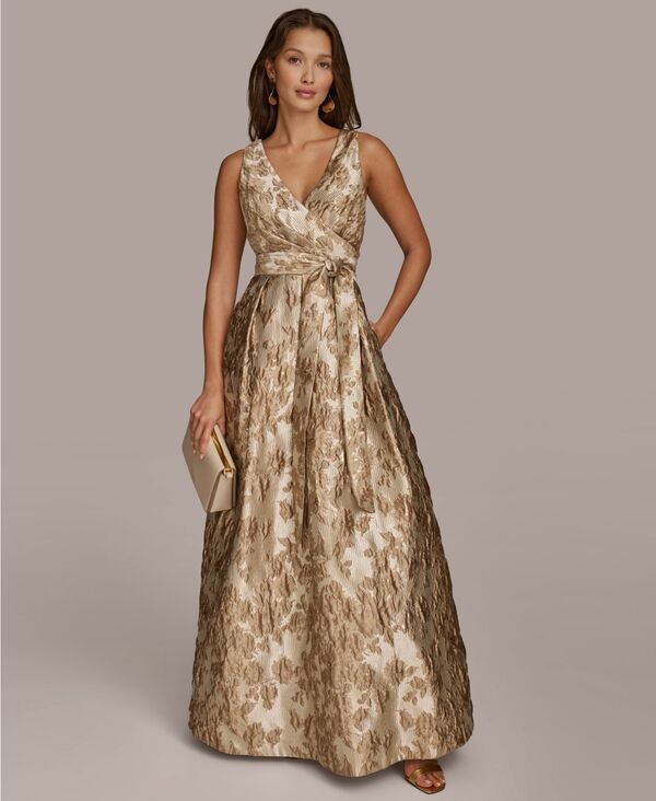 ダナ キャラン ニューヨーク レディース トップス ワンピース Vネック プチ トール ノースリーブ Donna Karanew York Petite Sleeveless Metallic Brocade V-Neck Ball Gown Frosted Beige ベージュ|ReVida 店