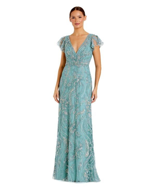 マックダガル レディース トップス ワンピース Vネック フラワー柄 プチ 刺繍 フラワー Mac Duggal Petite V Neck Flutter Sleeve Floral Embroide red Gown Seafoam｜ReVida 店