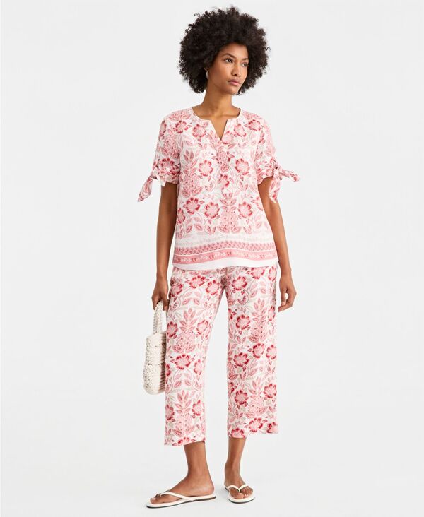 チャータークラブ レディース ボトムス カジュアルパンツ リネン Charter Club Women's 100% Linen Drawstring Pants White Border Print ホワイト｜ReVida 店