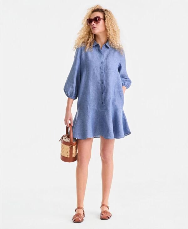 チャータークラブ レディース トップス ワンピース リネン Charter Club Women's 100% Linen Button-Front 3/4-Sleeve Dress Blue Ocean Delave ブルー｜ReVida 店
