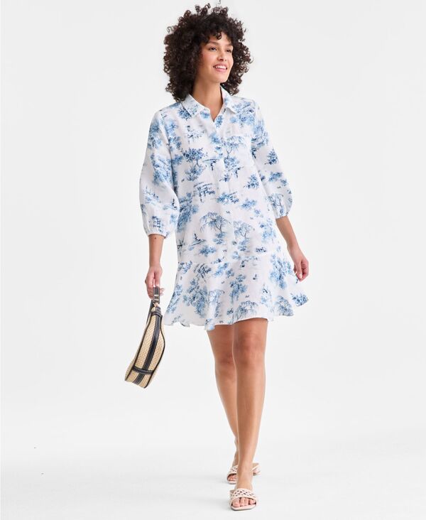 チャータークラブ レディース トップス ワンピース リネン Charter Club Women's 100% Linen Button-Front 3/4-Sleeve Dress Blue Toile ブルー|ReVida 店