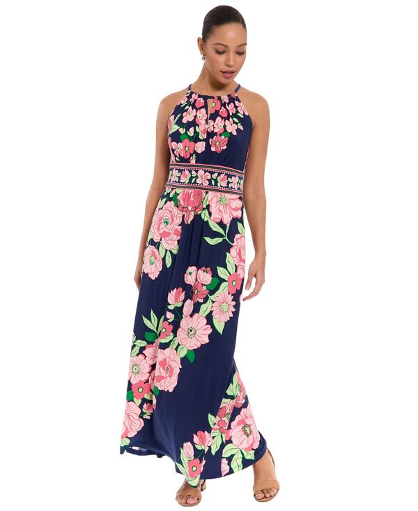 ロンドンタイムス レディース トップス ワンピース プチ マキシ London Times Petite Key-Hole Neck Maxi Dress Navy/pink ネイビー|ReVida 店