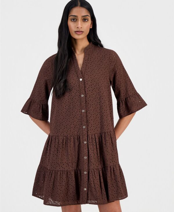アンクライン レディース トップス シャツ ティアード コットン Anne Klein Women's Cotton Eyeletie red Swing Shirt Dress Dark Chocolate チョコレート｜ReVida 店