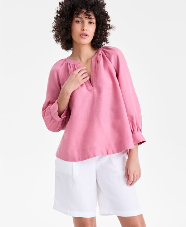 チャータークラブ レディース トップス シャツ ブラウス リネン Charter Club Women's 100% Linen Split-Neck 3/4-Sleeve Blouse Dusty Rose｜ReVida 店