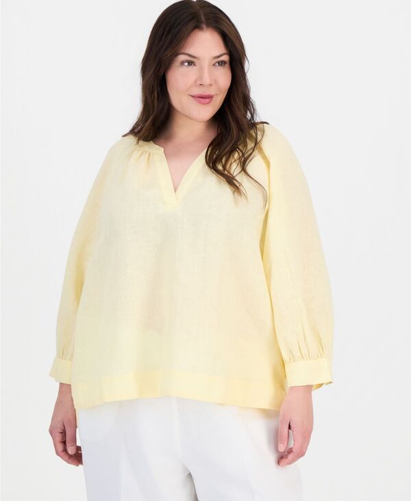チャータークラブ レディース トップス シャツ ブラウス リネン Charter Club Women's 100% Linen Split-Neck 3/4-Sleeve Blouse Lemon Zest｜ReVida 店