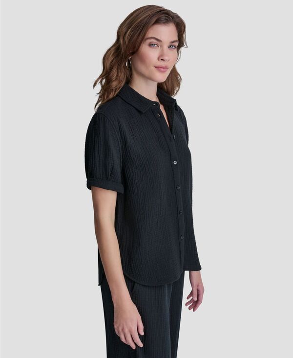ダナキャランニューヨーク レディース トップス シャツ プチ 半袖 DKNY Jeans Petite Cuffed Short-Sleeve Shirt Black ブラック|ReVida 店