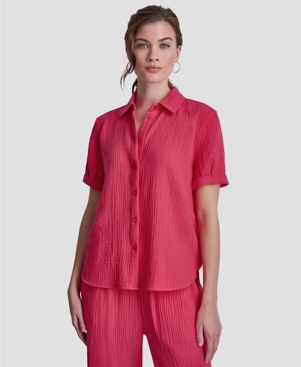 ダナキャランニューヨーク レディース トップス シャツ プチ 半袖 DKNY Jeans Petite Cuffed Short-Sleeve Shirt Punch｜ReVida 店
