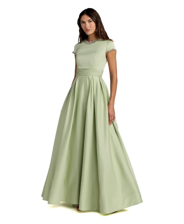 マックダガル レディース トップス ワンピース サテン キャップ Mac Duggal Women's Embellished Satin Cap Sleeve Ball Gown Sage セージ|ReVida 店