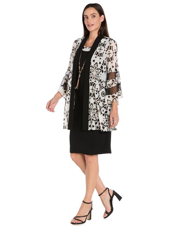 アールアンドエムリチャーズ レディース アウター ジャケット・ブルゾン プチ ベルスリーブ R & M Richards Petite Scoop Neck Dress and Bell-Sleeve Jacket 2-Piece Set Black/Cream クリーム｜ReVida 店