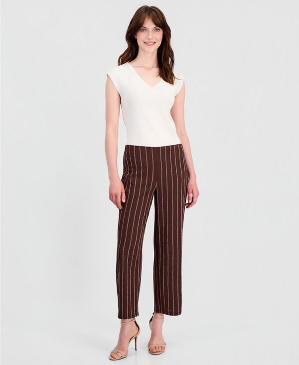 アンクライン レディース ボトムス カジュアルパンツ プチ ニット Anne Klein Women'striped Textu red-Knit Pull-On Pants Regular & Petite Dark Chocolate / White Dove ホワイト｜ReVida 店