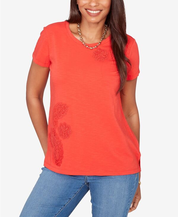ルビーアールディー レディース トップス Tシャツ プチ レース ニット Ruby Rd. Petite Paisley Lace Solid Knit-Shirt Red レッド｜ReVida 店 14,950円