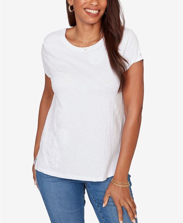 ルビーアールディー レディース トップス Tシャツ プチ レース ニット Ruby Rd. Petite Paisley Lace Solid Knit-Shirt White ホワイト|ReVida 店