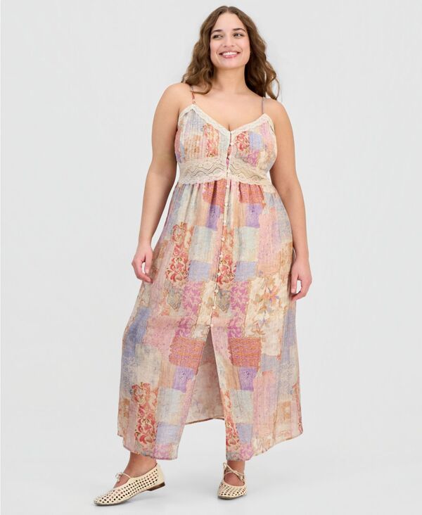 アンドノウディス レディース トップス ワンピース プリント パッチワーク レース マキシ And Now This Women's Lace-Trim Patchwork-Print Maxi Dress Pink Multi ピンク|ReVida 店