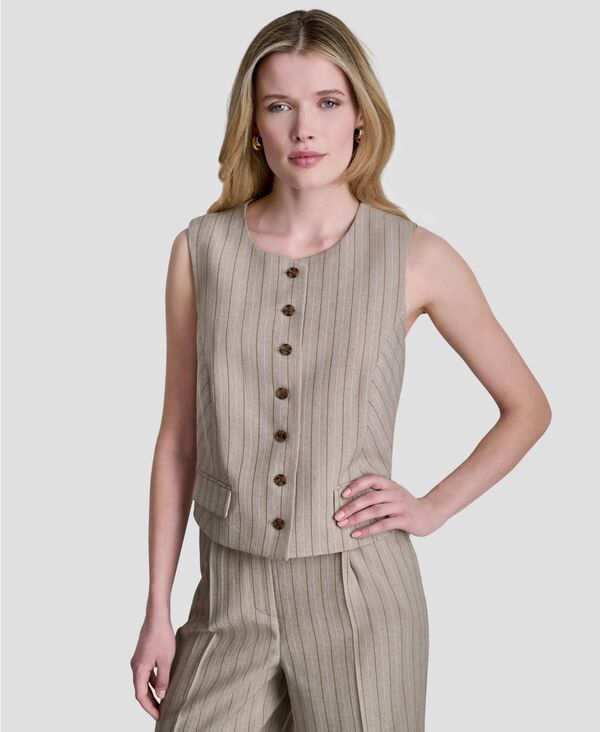 ダナ キャラン ニューヨーク レディース トップス ベスト プチ DKNY Women's Pinstripe Button-Front Vest Regular & Petite Dune Stripe ストライプ｜ReVida 店