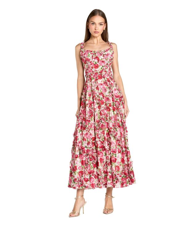 マックダガル レディース トップス ワンピース フラワー柄 プチ フリル コットン アンクル フラワー Mac Duggal Women's Petite Floral Cotton Ruffle Square Neck Ankle Dress Pink multi ピンク|ReVida 店