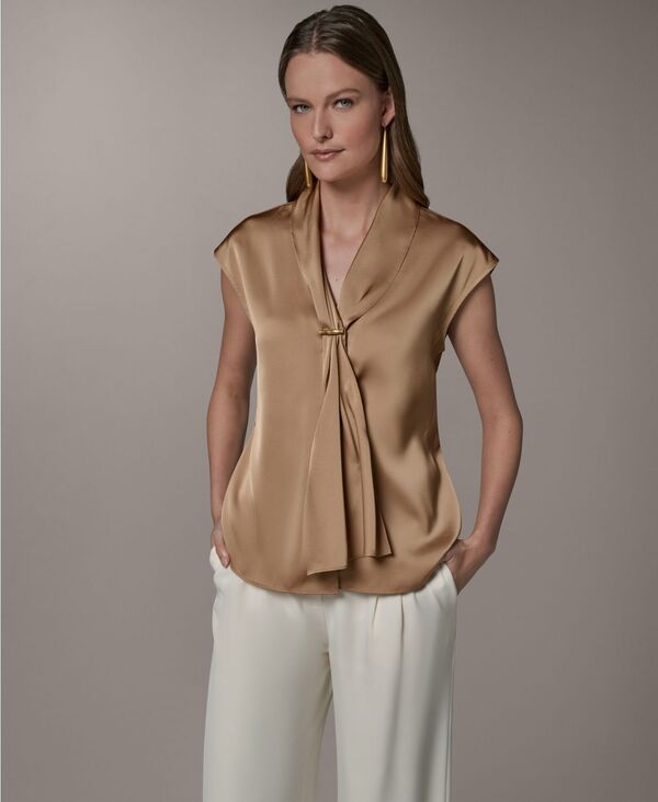 ダナ キャラン ニューヨーク レディース トップス シャツ ブラウス Donna Karanew York Women's Extended Shoulder Tie Blouse Fawn|ReVida 店
