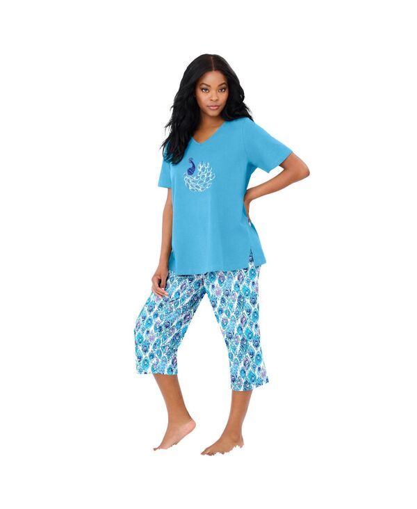 ドリームスアンドコー レディース アンダーウェア ナイトウェア プラスサイズ コットン キャップ Dreams & Co. Plusize Dreams and Co. 2-Piece Capri Cotton PJ Set Glass blue peacock ブルー｜ReVida 店